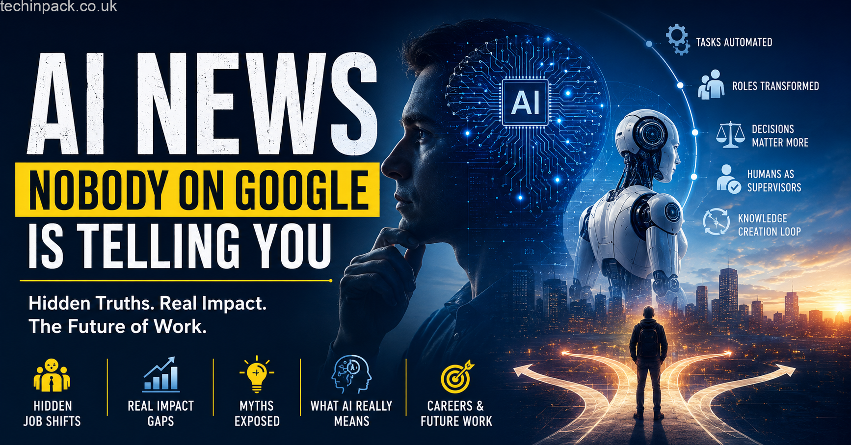 AI News concept showing AI transforming jobs, human roles, and future work with digital technology and automation visualization