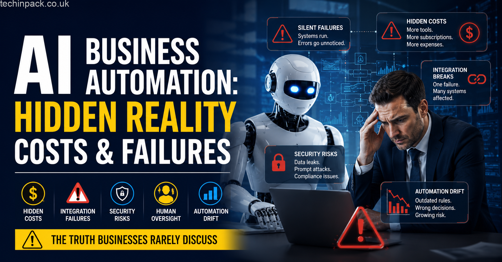 AI business automation concept showing hidden costs, risks, AI robot and businessman illustrating automation failures and challenges